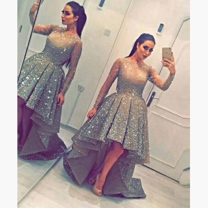 Elegant High Low Sequined Evening Dress Ruched Dubai Style vestido longo de festa Pleat Court Train Long Sleeve Prom Gown | Свадьбы и