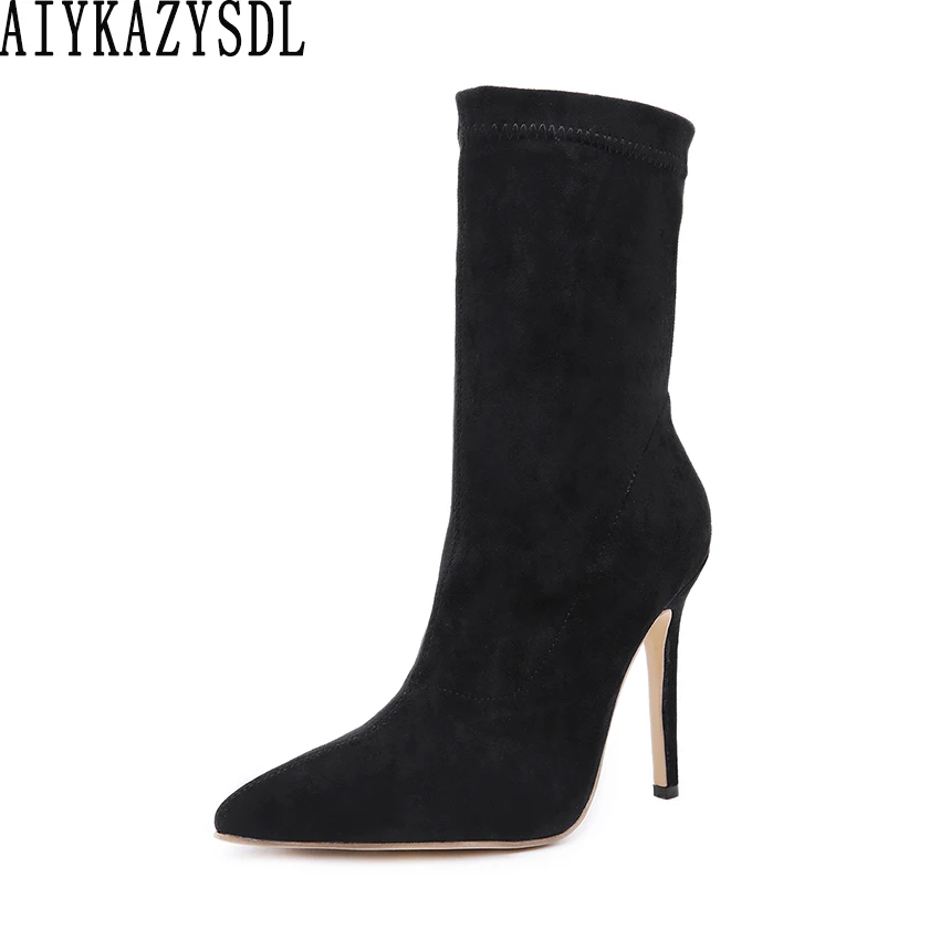 

Женские ботильоны AIYKAZYSDL, однотонные черные осенние ботинки из искусственной замши с острым носком, ботинки из флока на высоком каблуке-шпил...