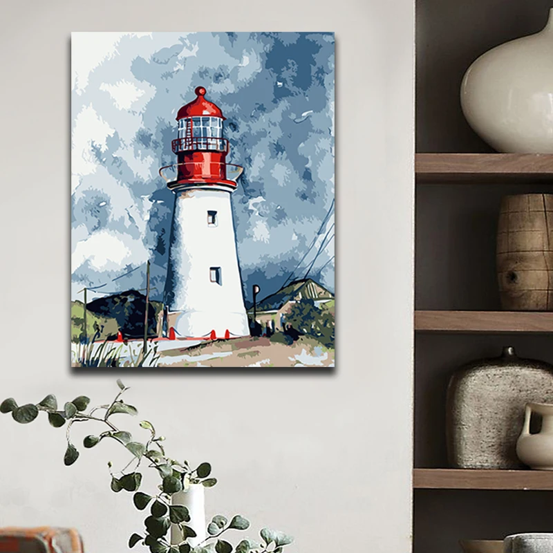 

Lighthouse Defend Picture Painting By Numbers Seascape Landscape building with kits package On Canvas coloring paint by numbers