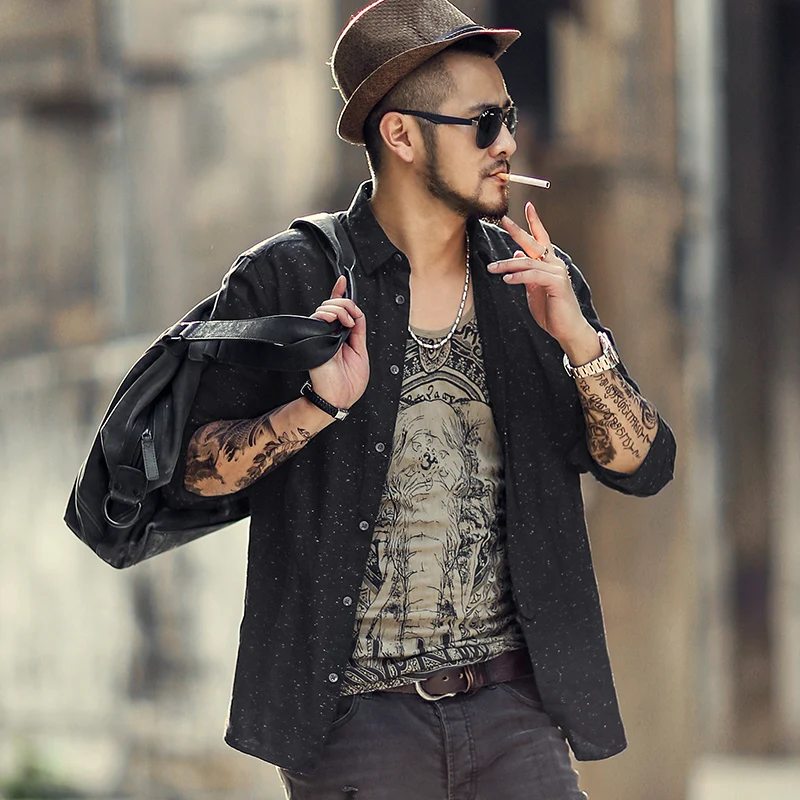 Мужские Европейский стиль смешивая цвета Весна черного с рисунком рубашка