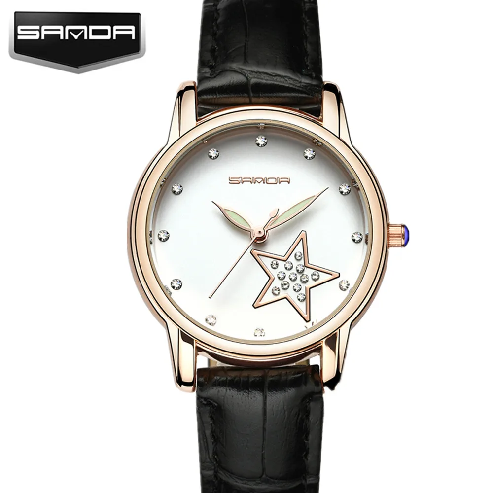 Часы SANDA женские кварцевые с кожаным ремешком модные наручные со звездами