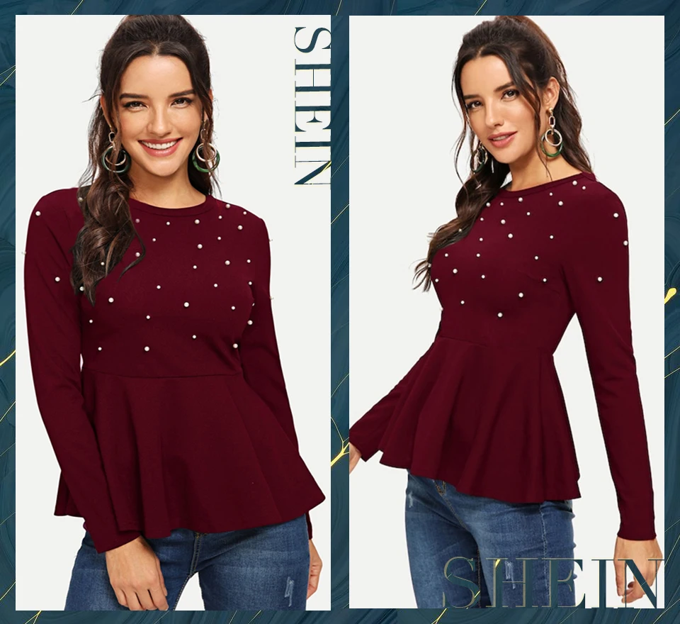 SHEIN Однотонный Топ С Баской И Бусинами, Нарядная Блуза С Длинными Рукавами