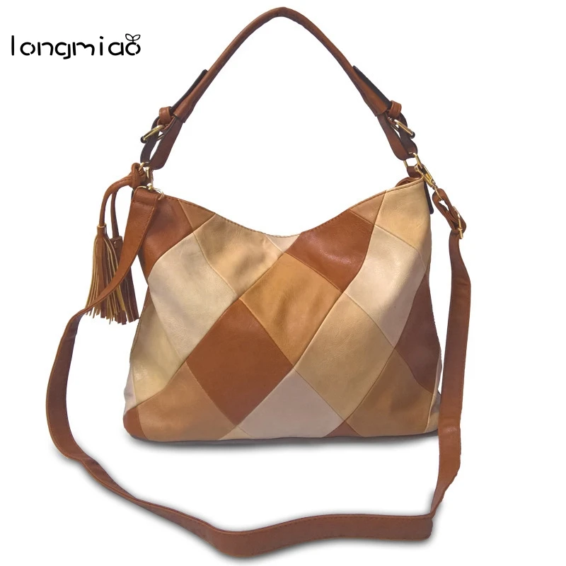 

longmiao Women Vintage Patchwork Handbags PU Leather Large Shoulder CrossBody Bags Ladies Designer Tote Bags Bolsas Feminina