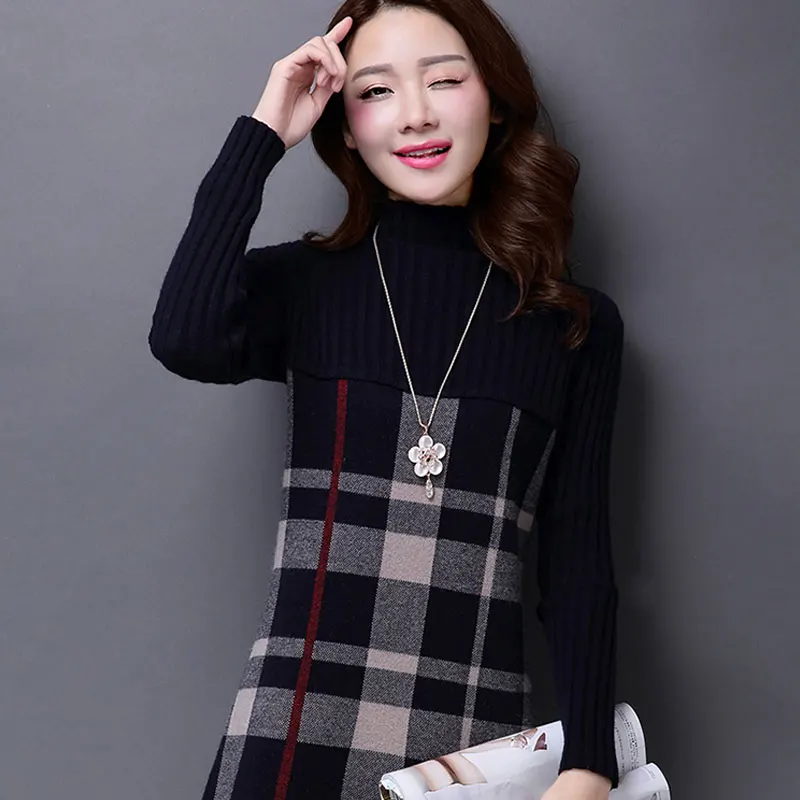 Осень Зима для женщин кашемировый свитер платье плюс размеры водолазка плед