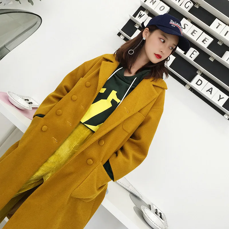 Имбирь падение плечо рукава свободные одноцветное двубортное длинное пальто