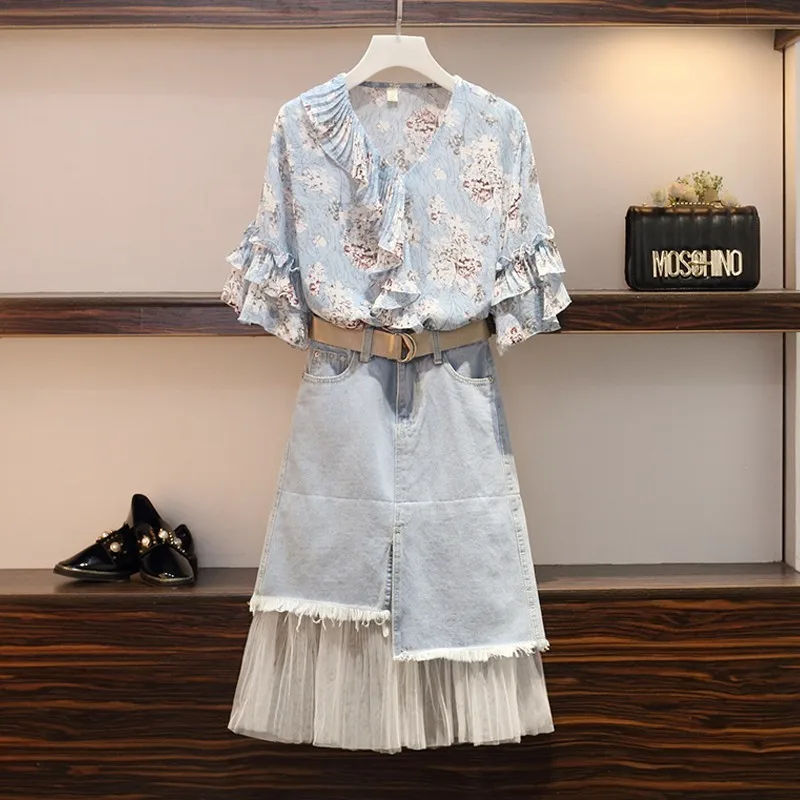 jeans set Новинка, весенний комплект из двух предметов, женская синяя шифоновая рубашка с оборками и расклешенными рукавами, блуза+ джинсовая Асимметричная джинсовая юбка, комплект размера плюс - Цвет: jeans set