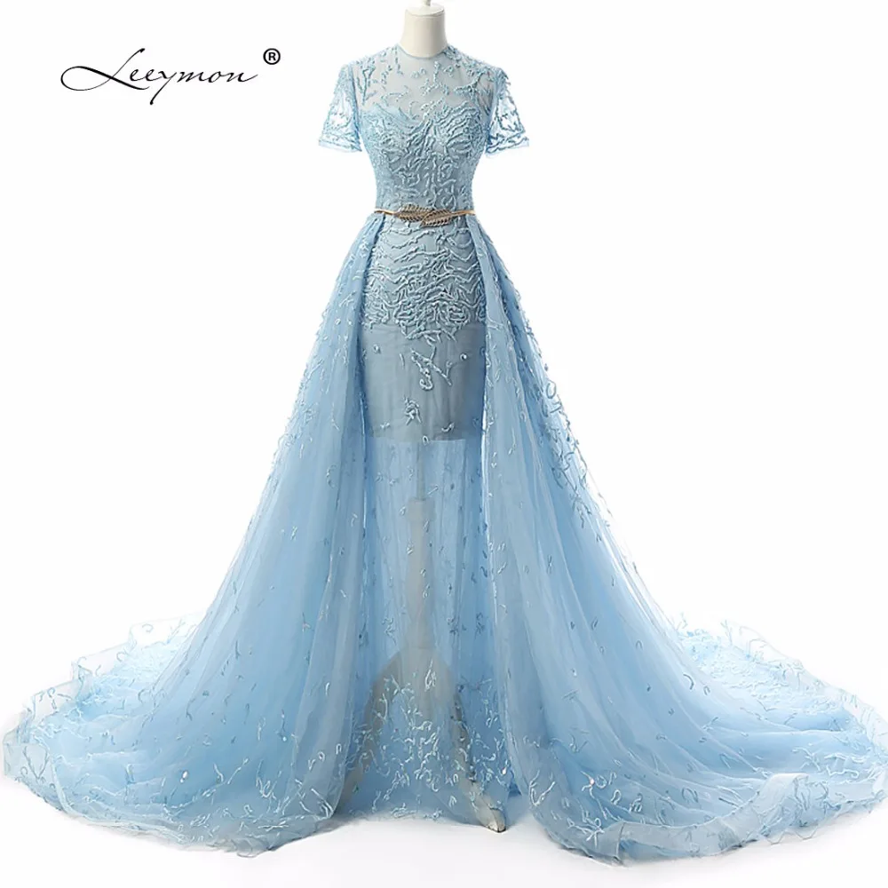 

Luxury Mermaid Embroidery Evening Dress Long2020 Real Short Sleeves Sequins Beading Evening Gown Robe De Soiree Longue