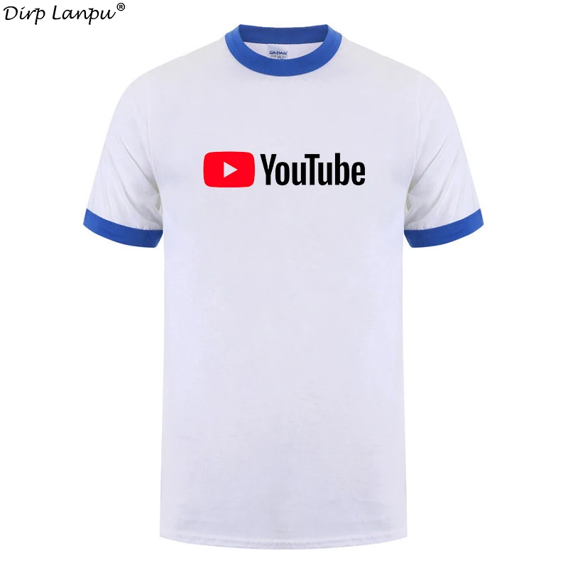 Юношеский молодёжный короткий рукав Футболка мужская одежда Логотип Youtube напечатанный Хлопок Забавный o-образный вырез Футболка Мужская - Цвет: white blue