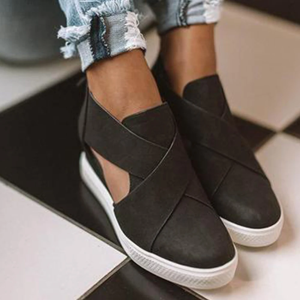 Women Hollow Out Slip On Vulcanized Casual Flats Sneakers Ladies Increased Wedges Comfortable Shoes Female Sneakers