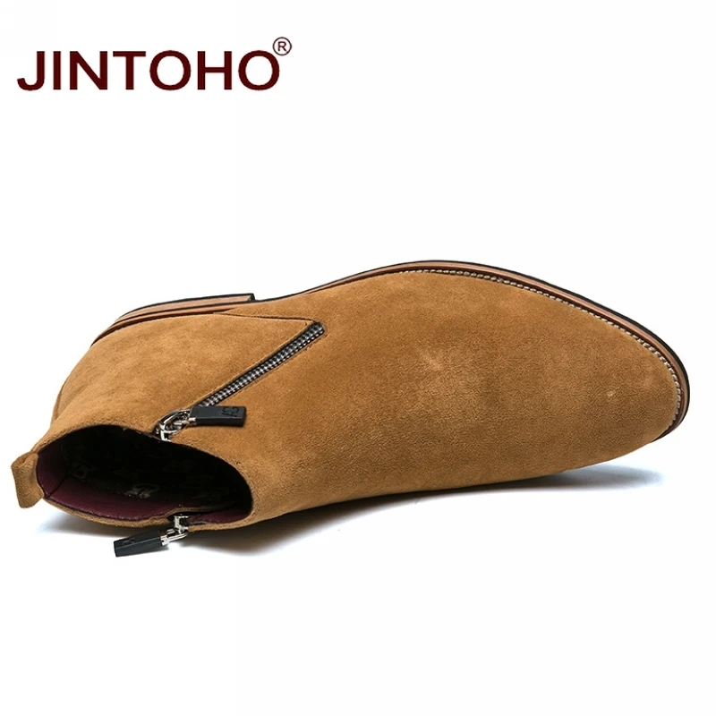 JINTOHO мужские замшевые ботинки Зимние ботильоны с острым носком модные зимние