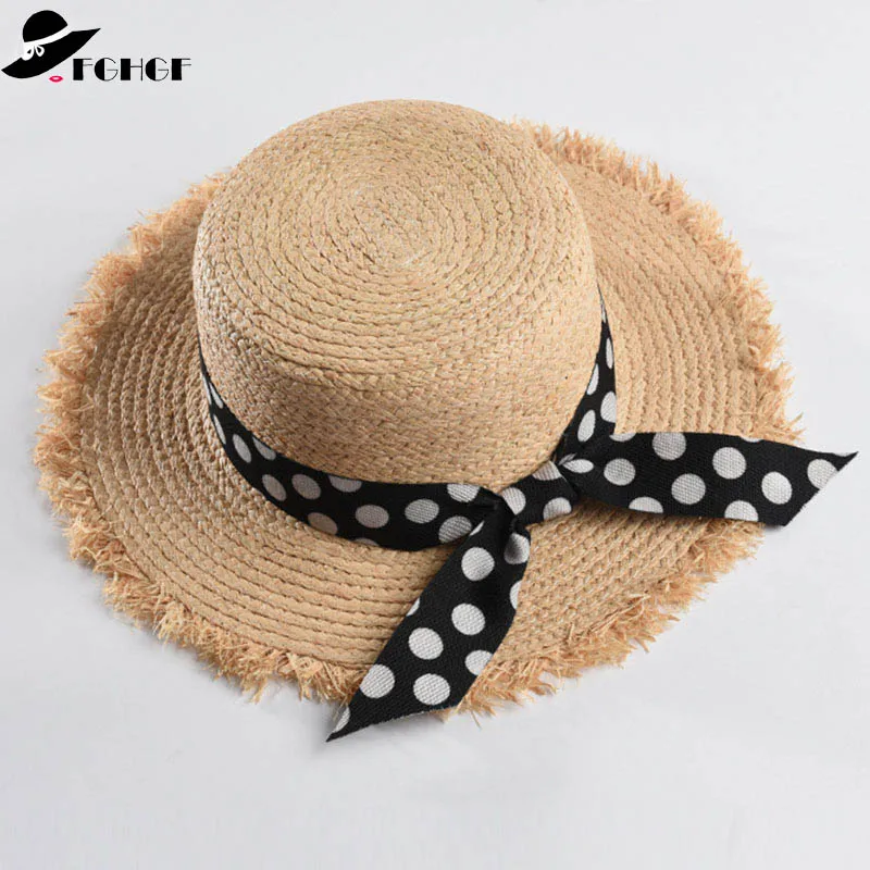 

Classical Ladies Raffia Hats Ribbon Bowknot Accent Fringed Wide Brim Sun Hat Flat Top Summer Straw Hat Women Boater Beach Cap
