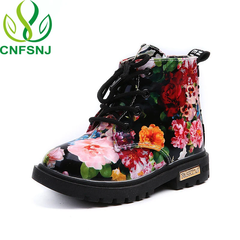 CNFSNJ Cute Girls Boots 2017 New Fashion Elegant Floral Flower Print Kids Shoes Baby Martin Casual Leather Children Boots|baby martin boots|cute