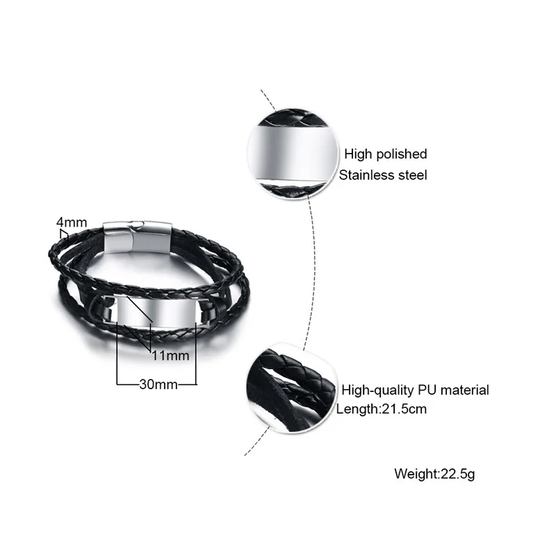 Vnox Free Engraving Customized Info Bracelet for Men Black Multiple Layers Leather Bracelets Bangles 8.46&quot Male Boy Jewelry | Украшения