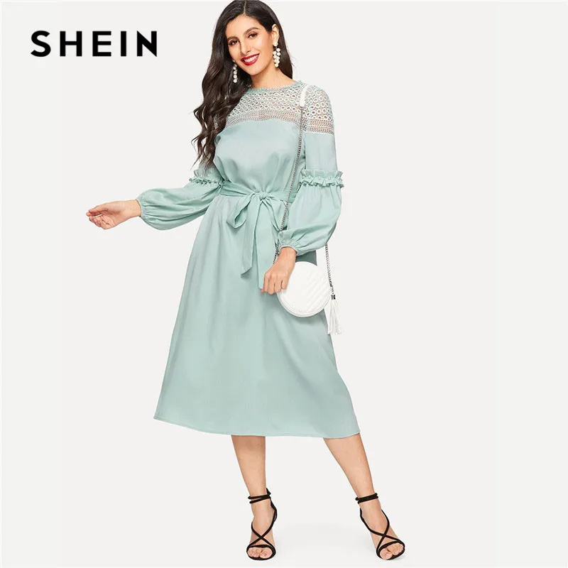 SHEIN Платье С Оригинальным Рукавом И Поясом Винтажное Платье С Кружевными Вставками Стильное Макси Платье