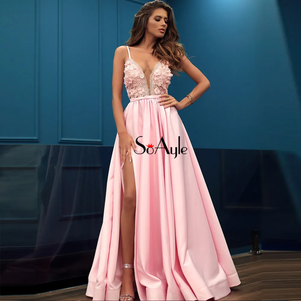 SoAyle розовые вечерние платья глубокий v-образный вырез кружева бисером vestido de Festa без рукавов платья для выпускного вечера с цветами Сексуальное Сплит длинное платье