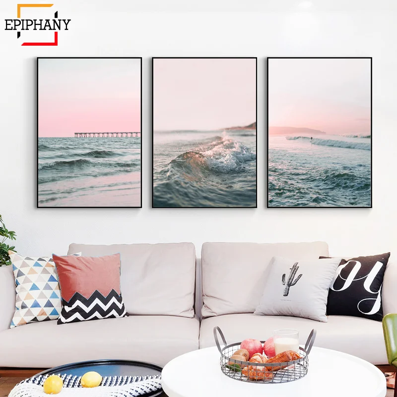 

Modern Ocean Print Gallery Wall Art Canvas Painting Beach Pink Sunset Waves Landscape Posters Wall Pictures for Living Room