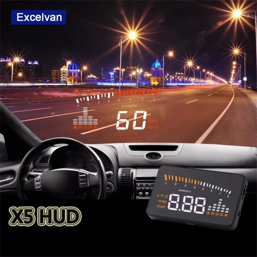 Excelvan X5 HUD Дисплей Универсальный 3 дюймов авто Overspeed Предупреждение лобовое стекло