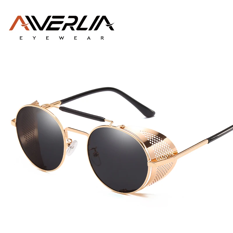 C2Grey-Gold AIVERLIA стимпанк Солнцезащитные очки панк металлические щиты солнцезащитные очки для мужчин и женщин брендовые дизайнерские круглые очки UV400 Gafas de Sol AI57 - Цвет линз: C2Grey-Gold