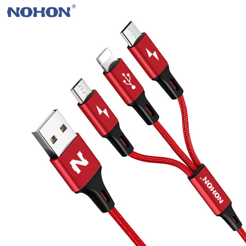 Оригинальный кабель NOHON 3 в 1 Type C 8Pin Micro USB для iPhone 7 6 6S Plus iOS 10 9 8 Samsung Xiaomi Nokia быстрой