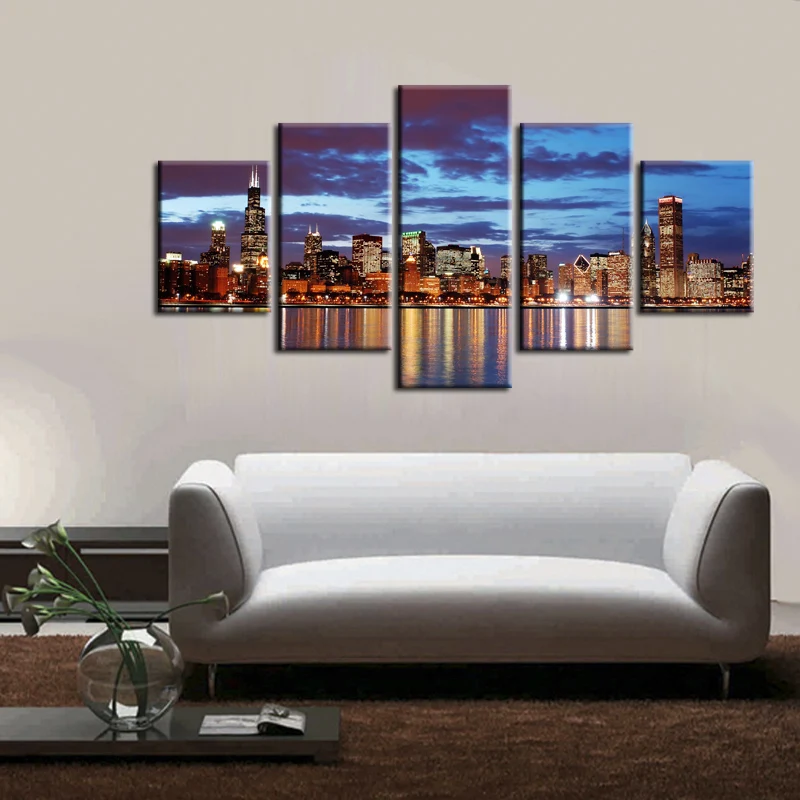 Оптовая продажа печать на холсте Городской Ночной пейзаж 5 шт. современный стиль