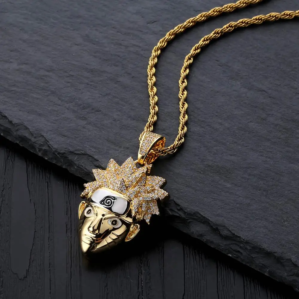 Gold JINAO, золотой кулон Uchiha Sasuke, кубический циркон, льдом, ожерелье на цепочке, хип-хоп ювелирное изделие, массивные ожерелья для мужчин и женщин, подарки - Окраска металла: Gold