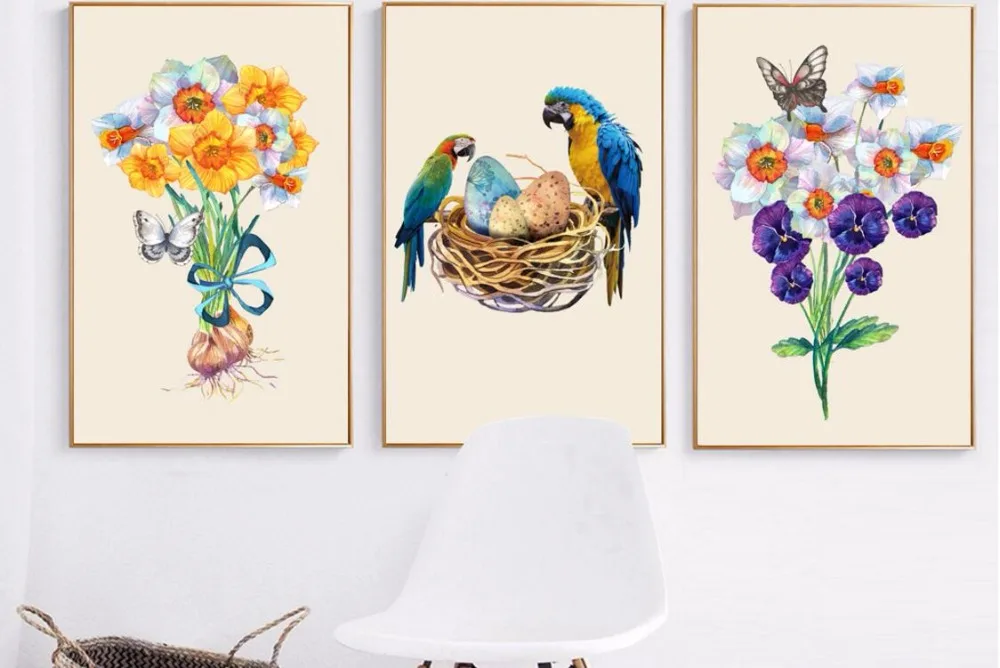 Маленькая свежая Скандинавская ручная роспись 3 шт. акварель цветок попугай