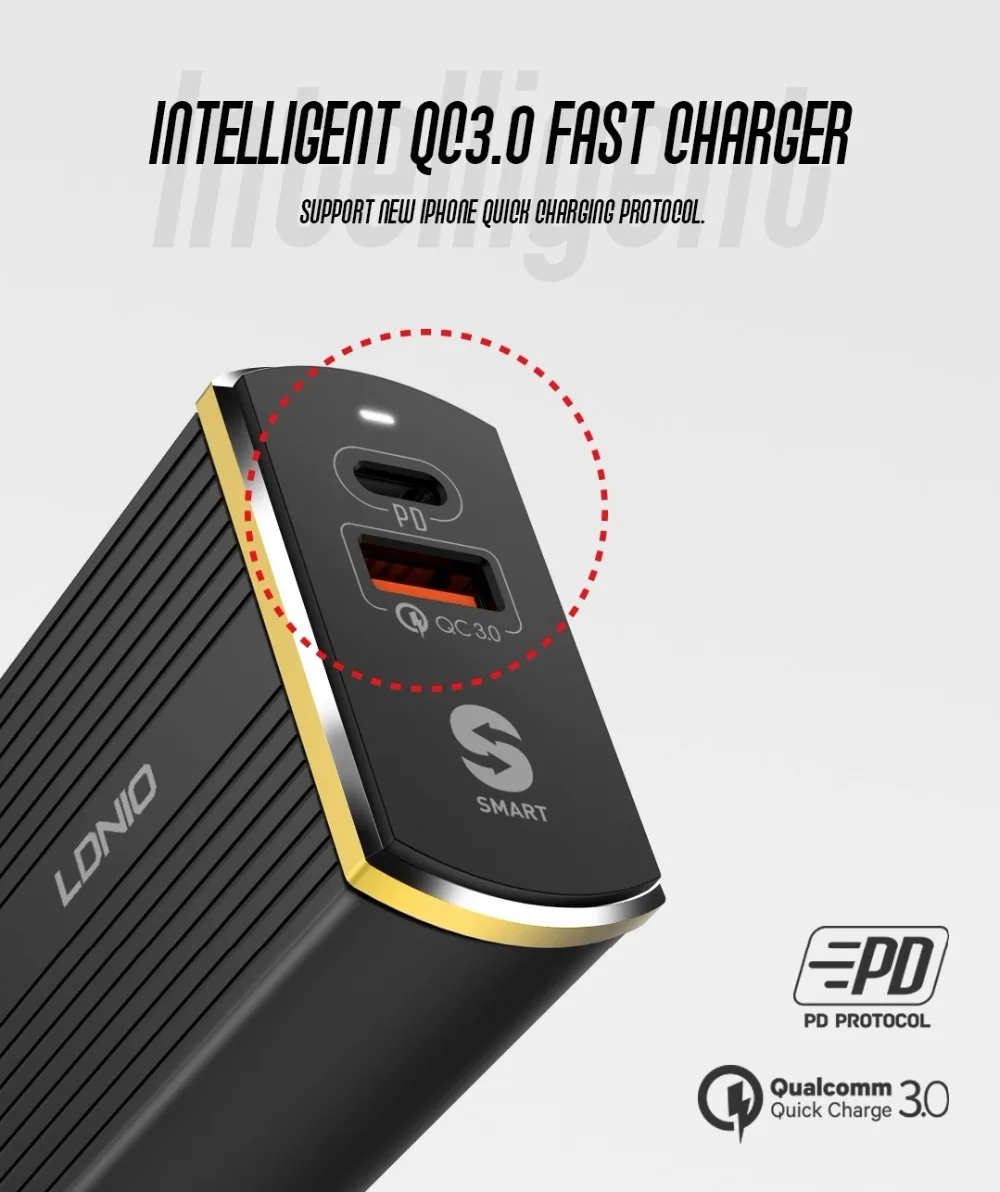 LDNIO 36 Вт USB быстрое зарядное устройство для телефона с поддержкой QC 3,0 Быстрая зарядка домашнее настенное зарядное устройство с разъемом для быстрой зарядки для iPhone type-C PD