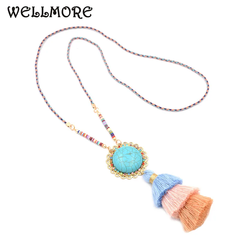 Wellmore 2017 красочное богемное массивное ожерелье с кисточкой каменная веревочная