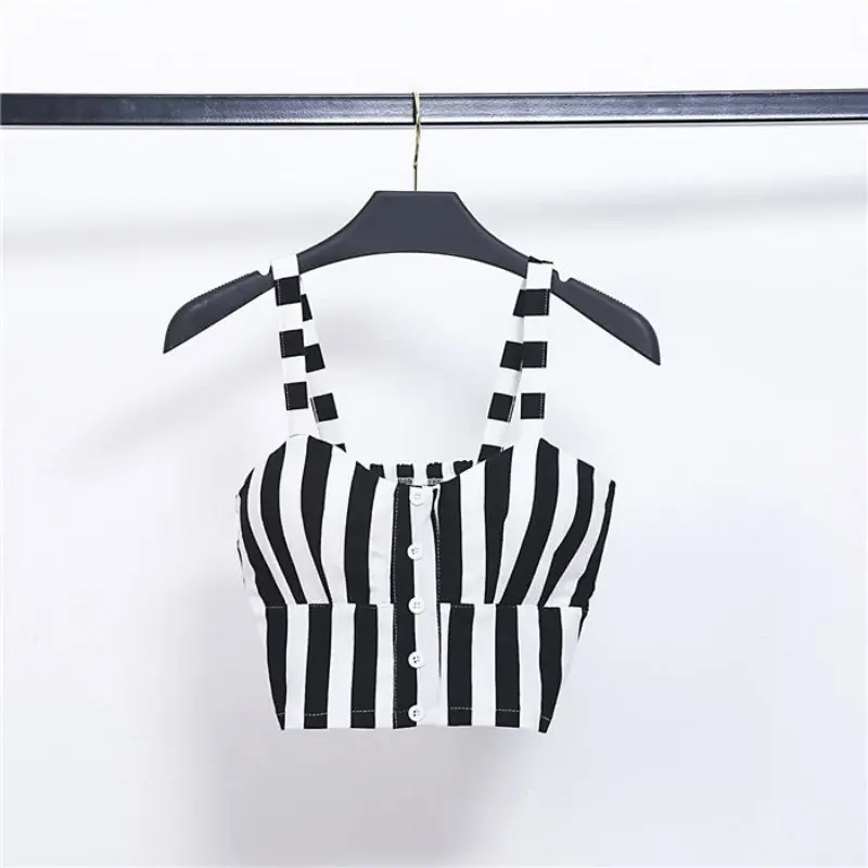 Новые летние сексуальные женские полосатые короткие топы без рукавов Cami Vest Camisole милые топы на пуговицах