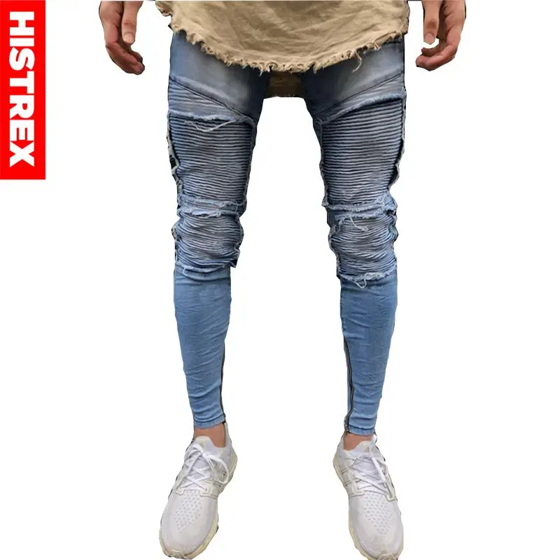 HISTREX мужские джинсы модные наколенники рваные узкие на молнии синие Промытые Jogger