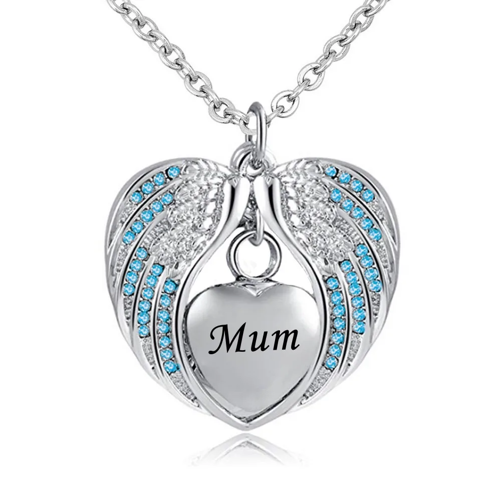 

Mum Angel Wing Urn Necklace for Ashes Cremation Memorial Stainless Steel Heart Keepsake Birthstone crystal Pendant Necklace