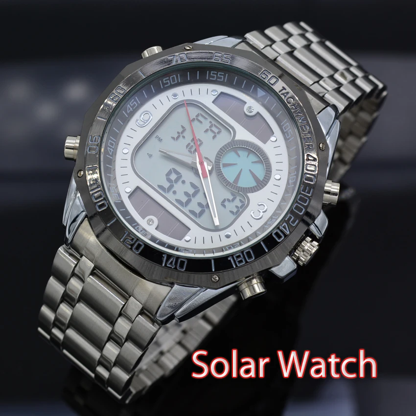 Fashion Solar Energy Watch Men's Full Steel Quartz Digital Sports Power Waterproof LED Men Military Clock 2015 | Наручные часы