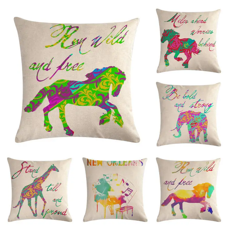 

Colorful Horse Elephant Piano Cushion Cover 45*45cm Cotton Linen Wedding Decor Throw Pillowcase 1 Side Print Cojine