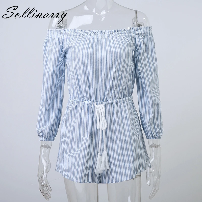 Sollinarry Sexy Off Shoulder Playsuit Overalls Stripe Tassel Ruched Lace Up Rompers Elegant Feminine Short Jumpsuit | Женская одежда