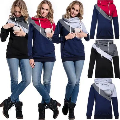 Pregnant Women's Fashion Nursing Hoodies 2018 New Casual Color Patchwork Maternity Breastfeeding Autumn Sweatshirt Top S-2XL | Женская