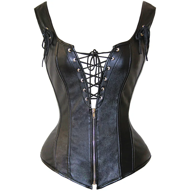Black Strapped Leather Corset Lace Up Top Sexy Bustier Deep V Neck Bustino Waist Trainer Espartilhos Sexy Corset Overbust Mujer