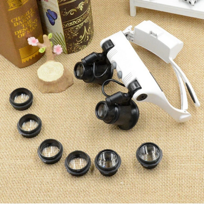 10X 15X 20X 25X LED Magnifier Double Eye Loupe Jewelery Watch Repair Tools 8 Lens LED Light Watchmaker Strap Magnifying Glasses images - 6