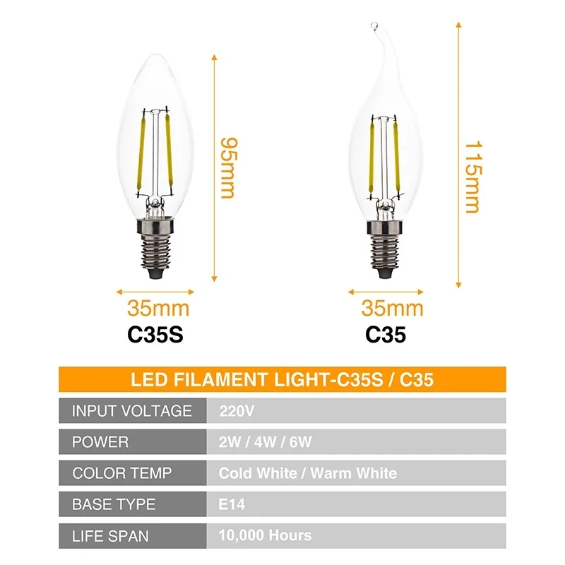 E14 светодиодный Лампа накаливания EDISON ЛАМПЫ в форме свечи лампада AC220V 2 Вт 4 6