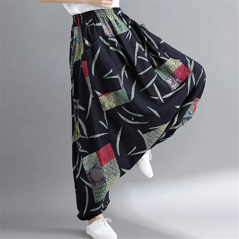 Женские штаны-шаровары Boho, свободные, негабаритные, смешанный хлопок, уличная одежда, хип-хоп танцевальные брюки, этнический принт, брюки хиппи