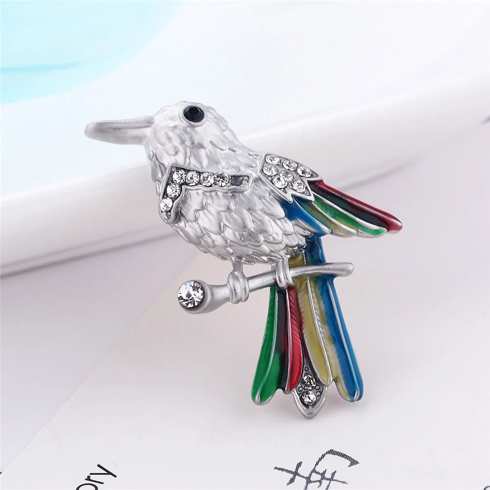 new year gift Enamel Bird Collar Pin silver color Rhinestone Animal Mini Brooch for women&ampmen Garment Suit Accessories | Украшения и