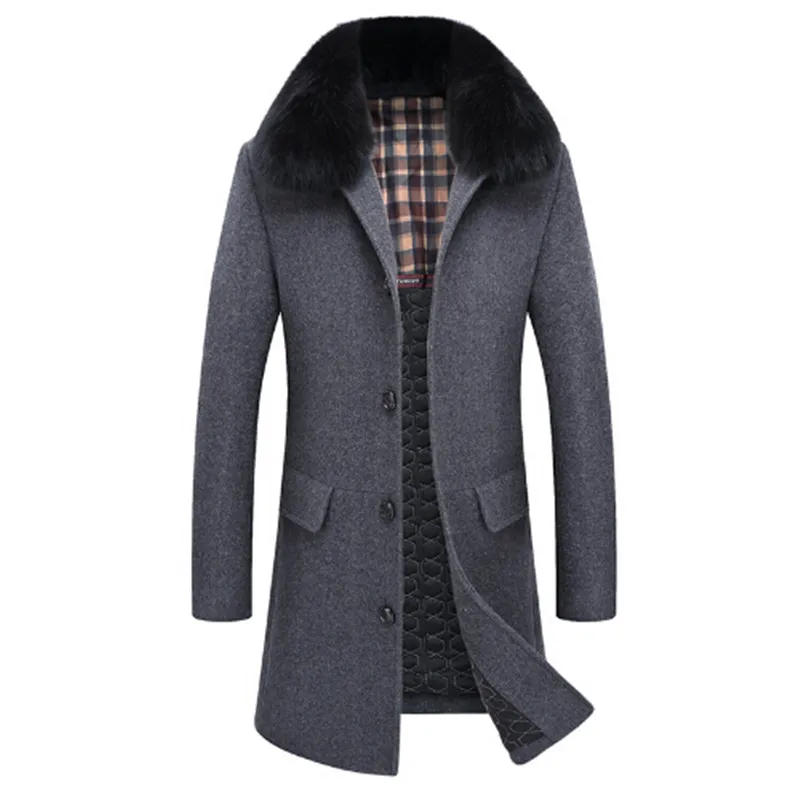 2018 autumn winter men's fashion cotton and thickening coats high-end leisure fox fur collar pure color in the long wool coat | Мужская