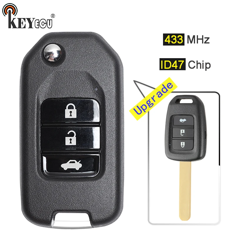 KEYECU-mando a distancia con 3 botones para coche, llave con Chip ID47 actualizado, plegable, para Honda City, Acoord, B-RV, Civic, Crider, 433-2013, 2016 MHz