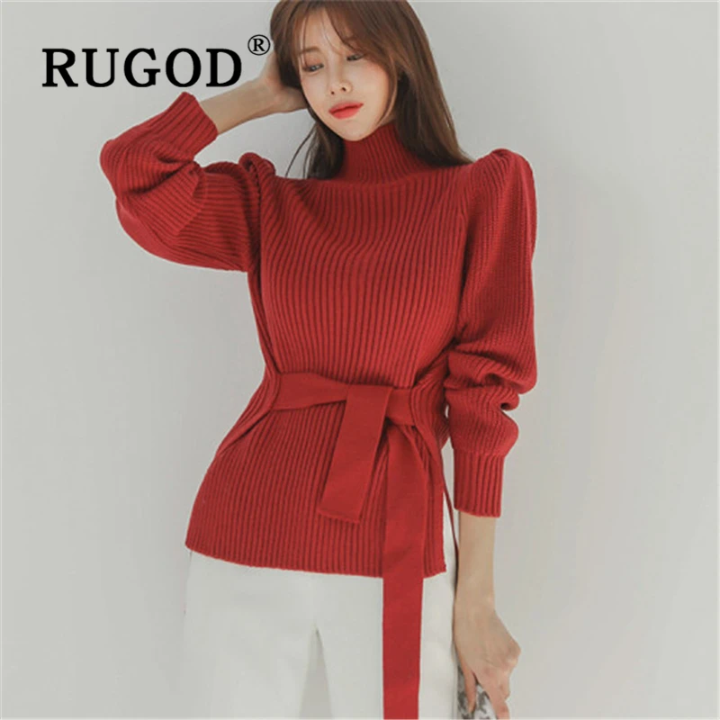 Женский свитер с большим бантом RUGOD Однотонный высоким воротником и длинным