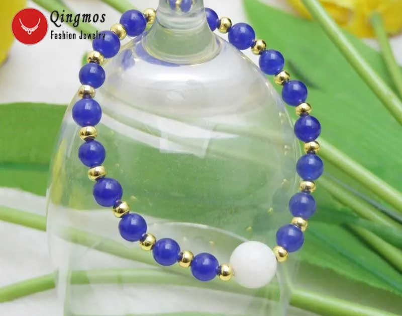 

Qingmos Fashion Blue Stone Bracelet for Women with 10mm Natural Moonstone Stone and 6mm Blue Round Jades Bracelet 7.5'' bra419