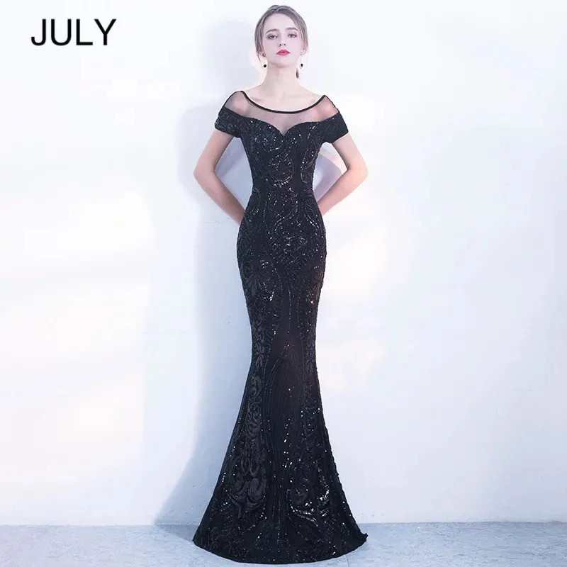 Женское длинное платье с открытой спиной JULY Черное вечернее блестками 2019|Женские