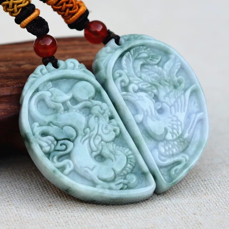Drop shipping Natural A Jadeite Jades Pendant 3D Carved Chinese Dragon Phoenix Lovers' Pendants Amulet Stone Jewelry+Rope | Украшения и
