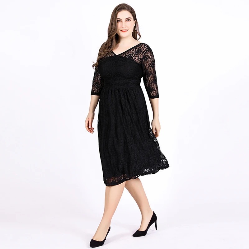 TUHAO Summer Lace Dress Women Clothing Three Quarter Sleeve V-neck High Waist Midi Elegant Loose Plus Size Black T1806 | Женская одежда