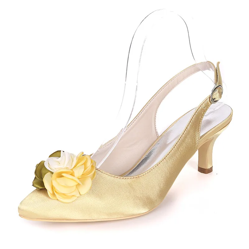 

OnnPnnQ Kitten Heels Flower Wedding Slingback Shoes Women Pointed Toe Mid Heels Satin Evening Formal Party Ladies Dress Pumps