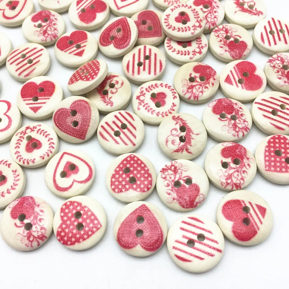 

100pcs Red Heart Patterns Mixed Wood Round Buttons 15mm 2 Holes Painted DIY Button Embellishments Crafts Scrapbook Cardmaking