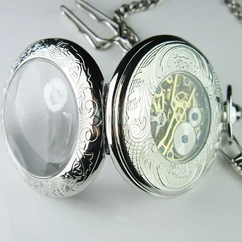 Посеребренная половина охотник брелок Механические карманные часы + Лупа|mechanical